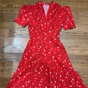 Handmade 1930s Red Nautical Print Sailor Women's V-neck Dress